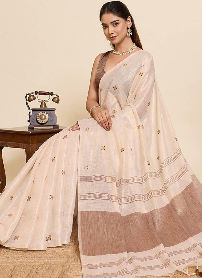 Brown color embroidery cotton silk saree with blouse