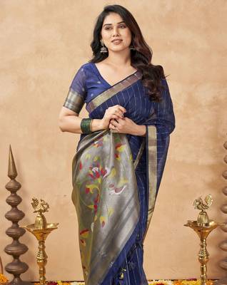 blue ethnic cotton blend fabric weaving jari designer fancy ethnic saree 3