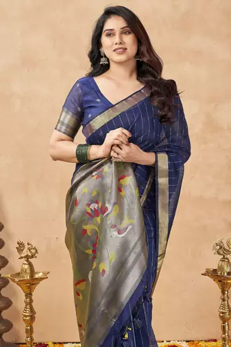 blue ethnic cotton blend fabric weaving jari designer fancy ethnic saree