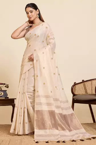 Brown color embroidery cotton silk saree with blouse