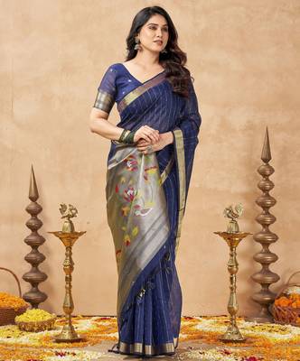 blue ethnic cotton blend fabric weaving jari designer fancy ethnic saree 4