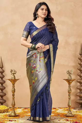 blue ethnic cotton blend fabric weaving jari designer fancy ethnic saree