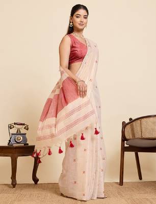 Red color embroidery cotton silk saree with blouse 2