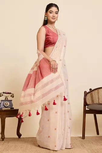 Red color embroidery cotton silk saree with blouse