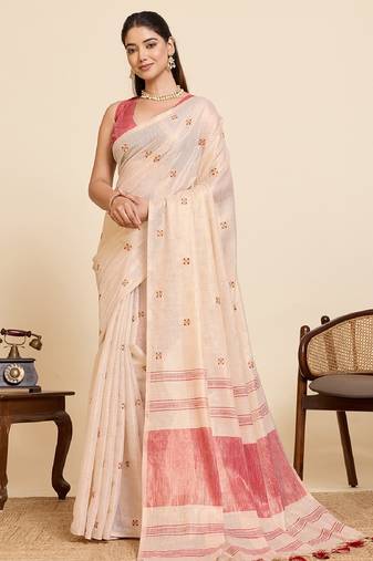 Red color embroidery cotton silk saree with blouse