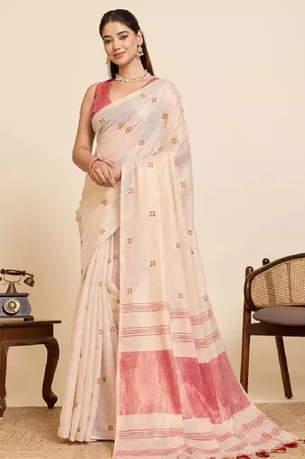 Red color embroidery cotton silk saree with blouse