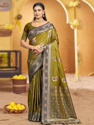 olive green soft silk blend woven designer ethnic partywear fancy designer saree 1