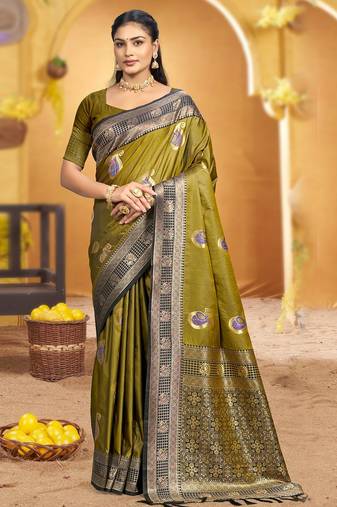 olive green soft silk blend woven designer ethnic partywear fancy designer saree