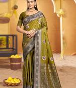 olive green soft silk blend woven designer ethnic partywear fancy designer saree