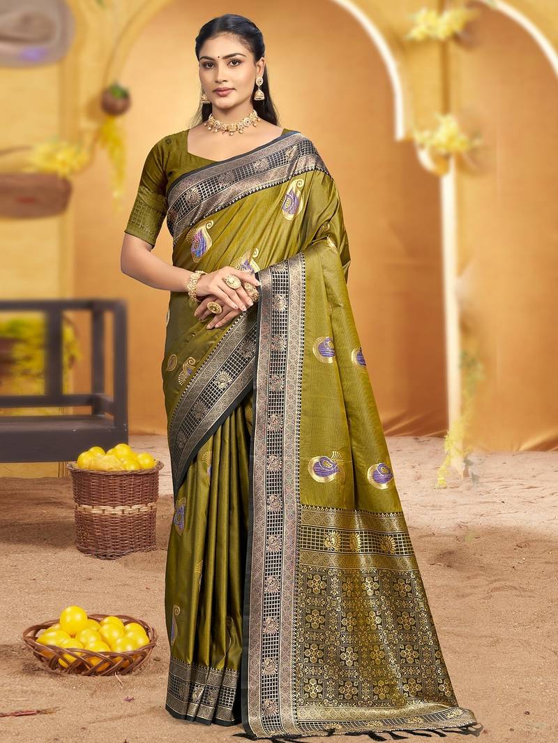 olive green soft silk blend woven designer ethnic partywear fancy designer saree