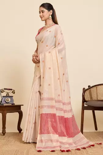 Red color embroidery cotton silk saree with blouse