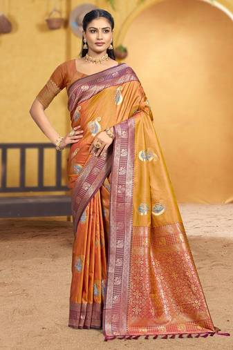 golden mustard soft silk blend woven designer ethnic partywear fancy designer saree