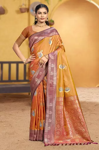 golden mustard soft silk blend woven designer ethnic partywear fancy designer saree