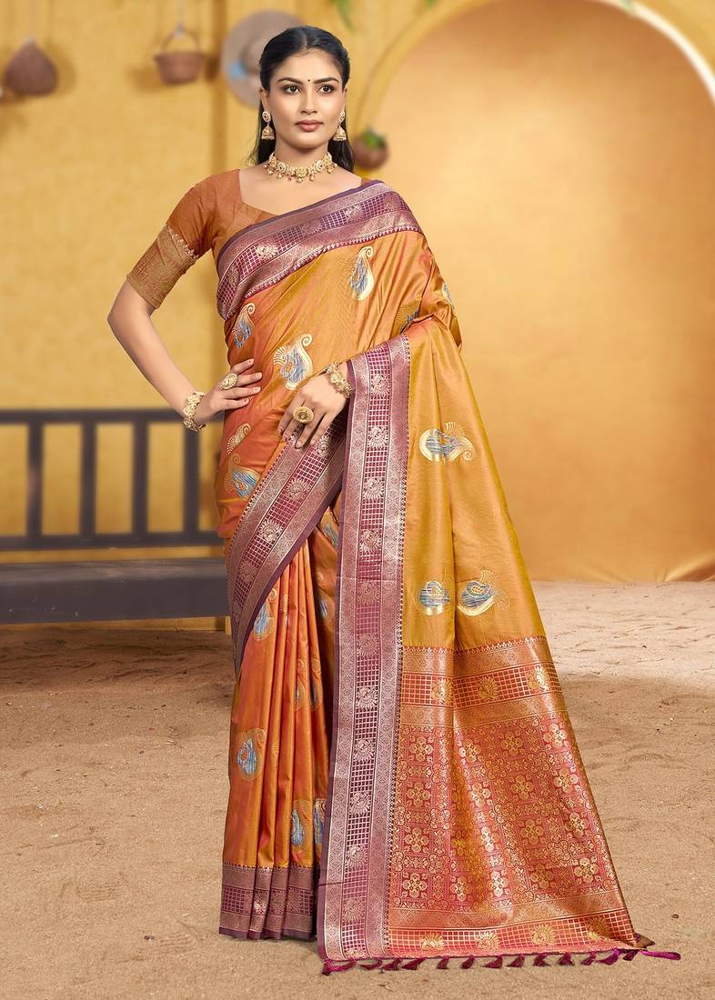 golden mustard soft silk blend woven designer ethnic partywear fancy designer saree
