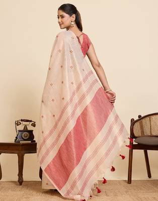 Red color embroidery cotton silk saree with blouse 4