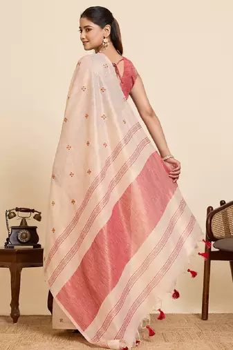 Red color embroidery cotton silk saree with blouse