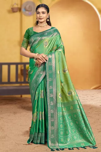 emerald green soft silk blend woven designer ethnic partywear fancy designer saree
