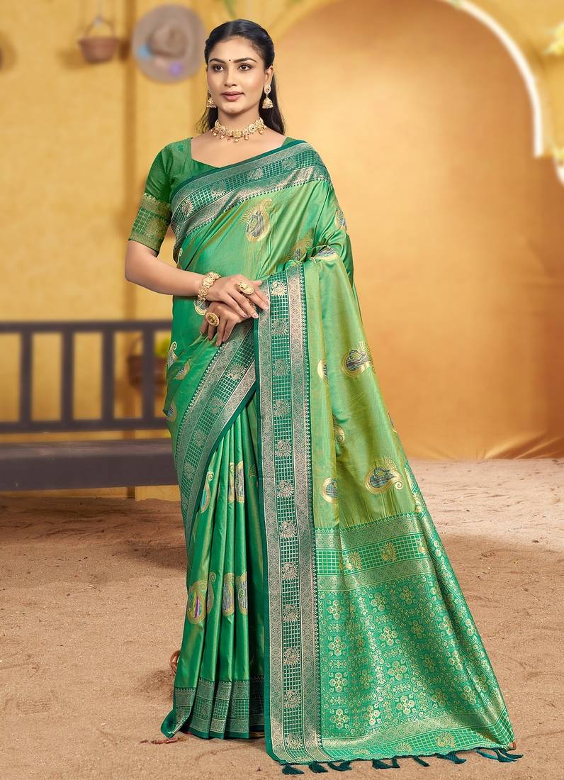 emerald green soft silk blend woven designer ethnic partywear fancy designer saree