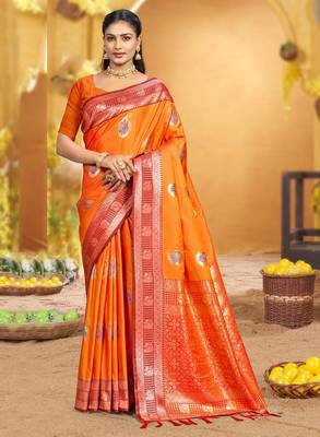 bright orange soft silk blend woven designer ethnic partywear fancy designer saree 1
