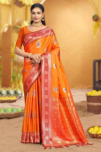 bright orange soft silk blend woven designer ethnic partywear fancy designer saree