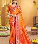 bright orange soft silk blend woven designer ethnic partywear fancy designer saree