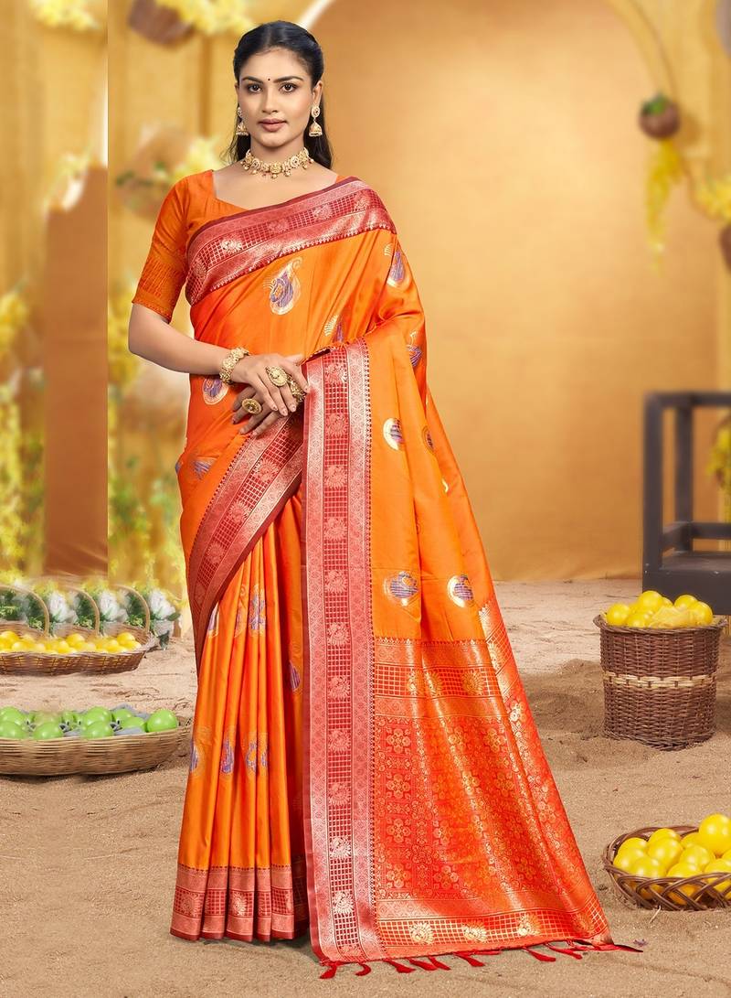 bright orange soft silk blend woven designer ethnic partywear fancy designer saree