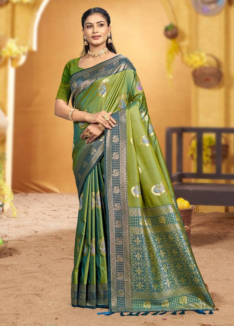 green soft silk blend woven designer ethnic partywear fancy designer saree