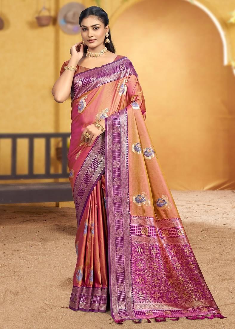 dusty rose pink soft silk blend woven designer ethnic partywear fancy designer saree