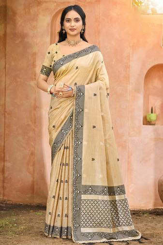 beige and black smart and ethnic graceful partywear assam silk blend woven designer saree