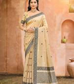 beige and black smart and ethnic graceful partywear assam silk blend woven designer saree