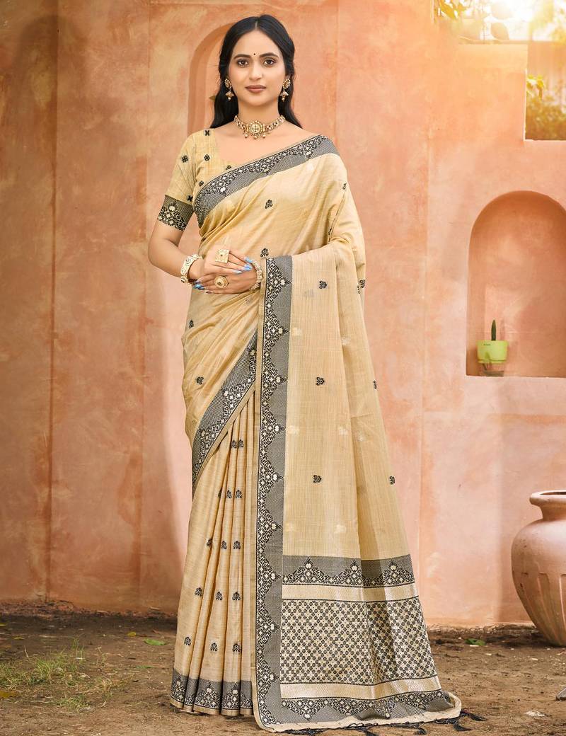 beige and black smart and ethnic graceful partywear assam silk blend woven designer saree