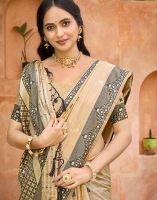 beige and black smart and ethnic graceful partywear assam silk blend woven designer saree 2