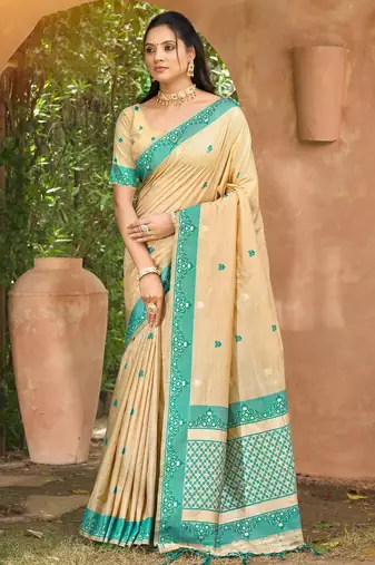 beige and teal blue smart and ethnic graceful partywear assam silk blend woven designer saree
