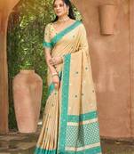 beige and teal blue smart and ethnic graceful partywear assam silk blend woven designer saree
