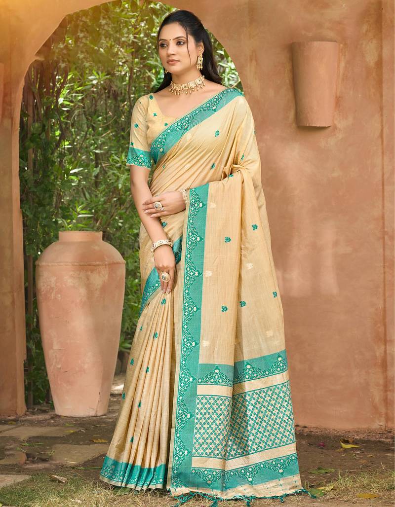 beige and teal blue smart and ethnic graceful partywear assam silk blend woven designer saree