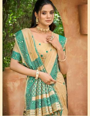 beige and teal blue smart and ethnic graceful partywear assam silk blend woven designer saree 2