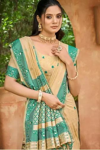 beige and teal blue smart and ethnic graceful partywear assam silk blend woven designer saree