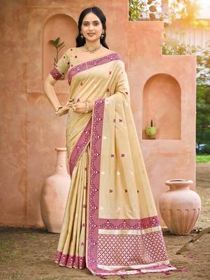 beige and wine smart and ethnic graceful partywear assam silk blend woven designer saree 1