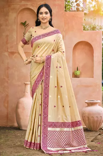 beige and wine smart and ethnic graceful partywear assam silk blend woven designer saree