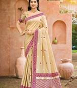 beige and wine smart and ethnic graceful partywear assam silk blend woven designer saree