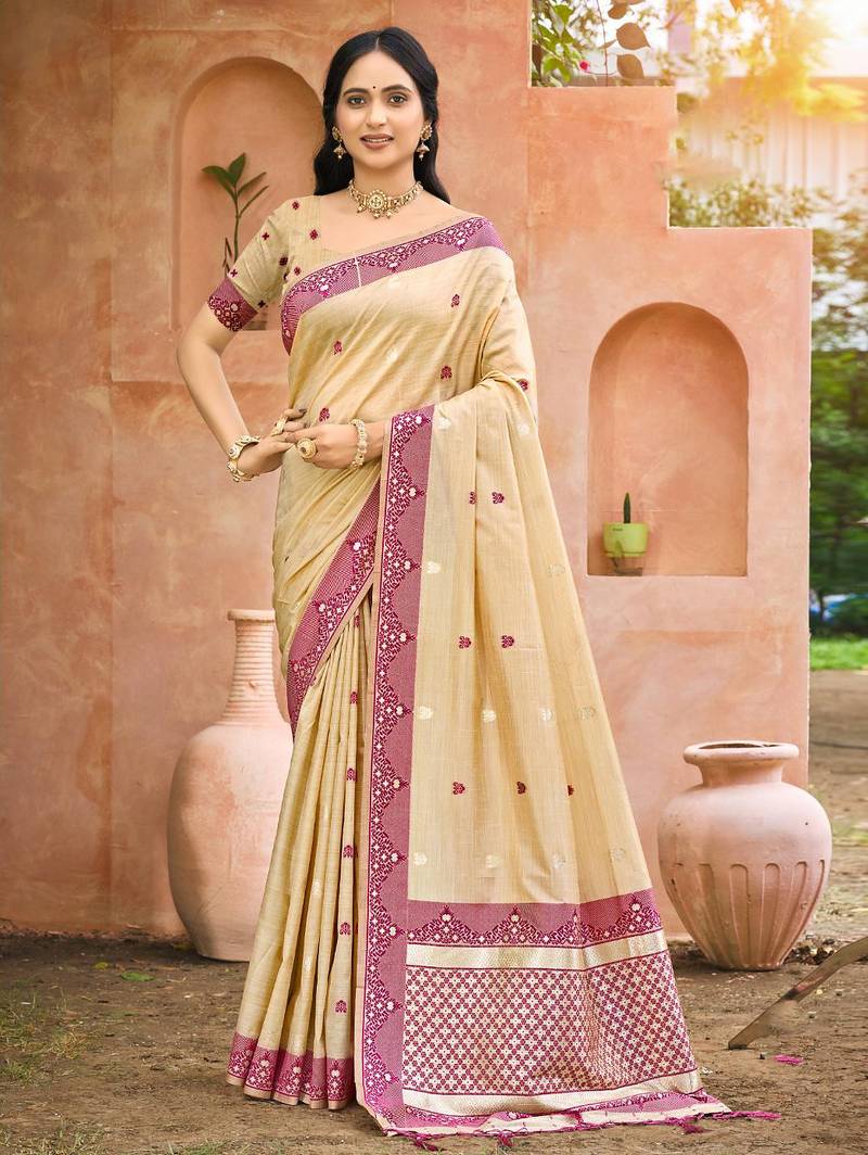 beige and wine smart and ethnic graceful partywear assam silk blend woven designer saree