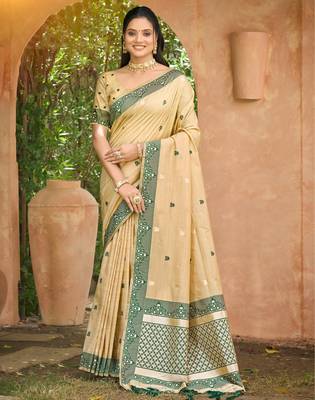 beige and dark green smart and ethnic graceful partywear assam silk blend woven designer saree 1