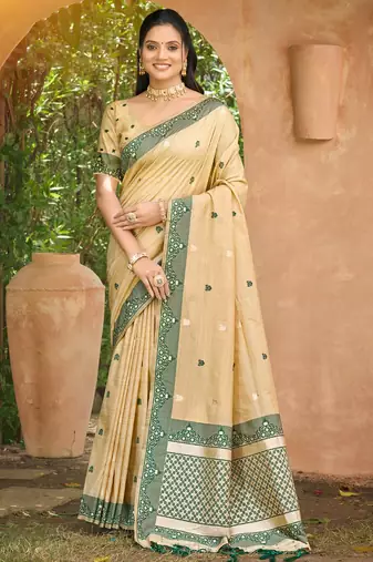 beige and dark green smart and ethnic graceful partywear assam silk blend woven designer saree