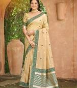 beige and dark green smart and ethnic graceful partywear assam silk blend woven designer saree