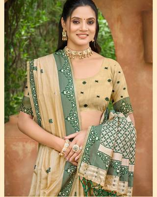 beige and dark green smart and ethnic graceful partywear assam silk blend woven designer saree 2
