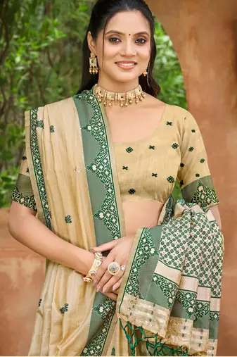 beige and dark green smart and ethnic graceful partywear assam silk blend woven designer saree