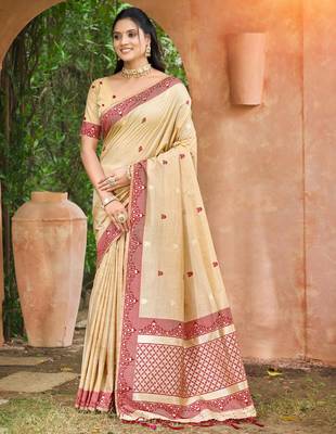 beige and maroon smart and ethnic graceful partywear assam silk blend woven designer saree 1