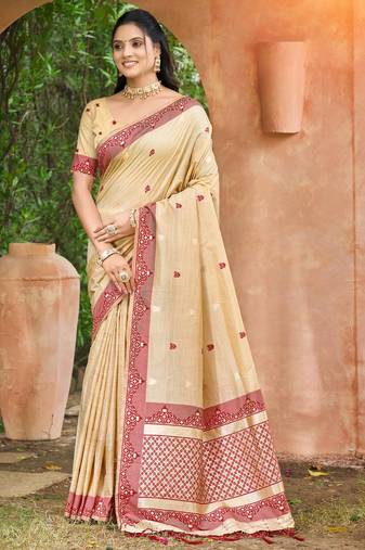beige and maroon smart and ethnic graceful partywear assam silk blend woven designer saree