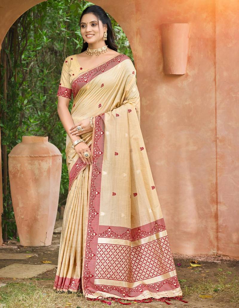 beige and maroon smart and ethnic graceful partywear assam silk blend woven designer saree