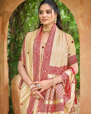 beige and maroon smart and ethnic graceful partywear assam silk blend woven designer saree 2
